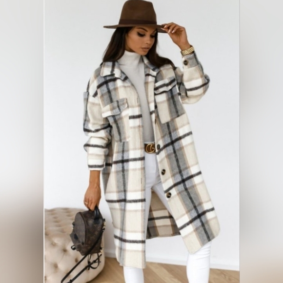 OhKayCloset Jackets & Blazers - Flannel Plaid Shacket Oversized fit Shirt Jacket Large Cream Tan Gray multi